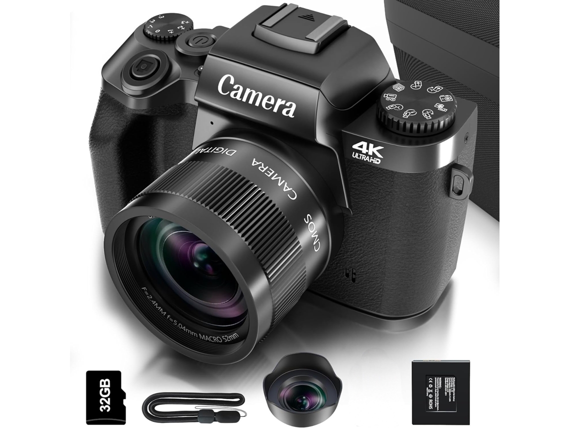 Cámara digital para fotografía, videocámara con pantalla táctil 4K de 64 MP, wifi y flash, tarjeta micro SD de 32 GB, Ikikso (negra)