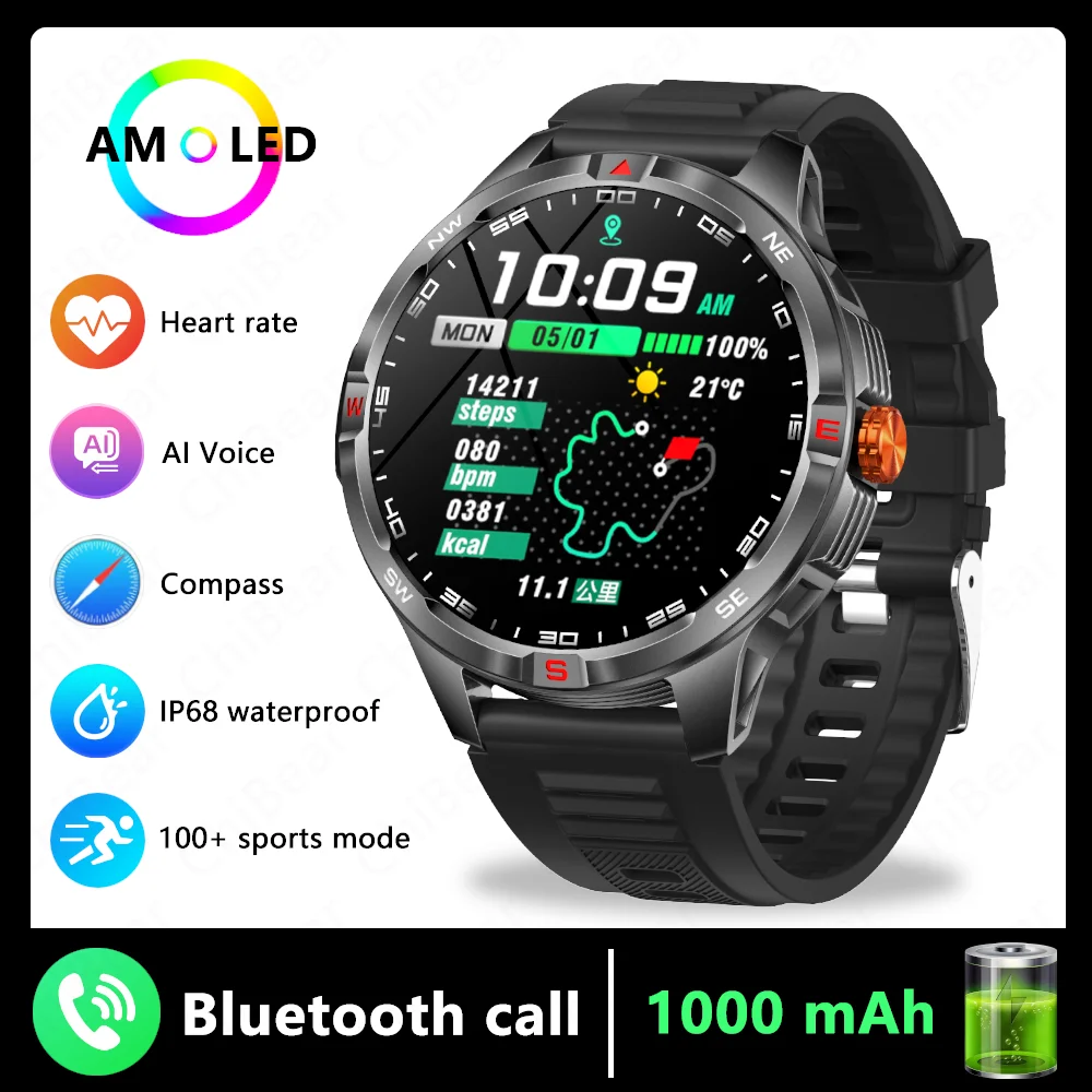 Reloj inteligente, navegación GPS, brújula, resistente al agua, deportivo y de fitness MDUG (negro)
