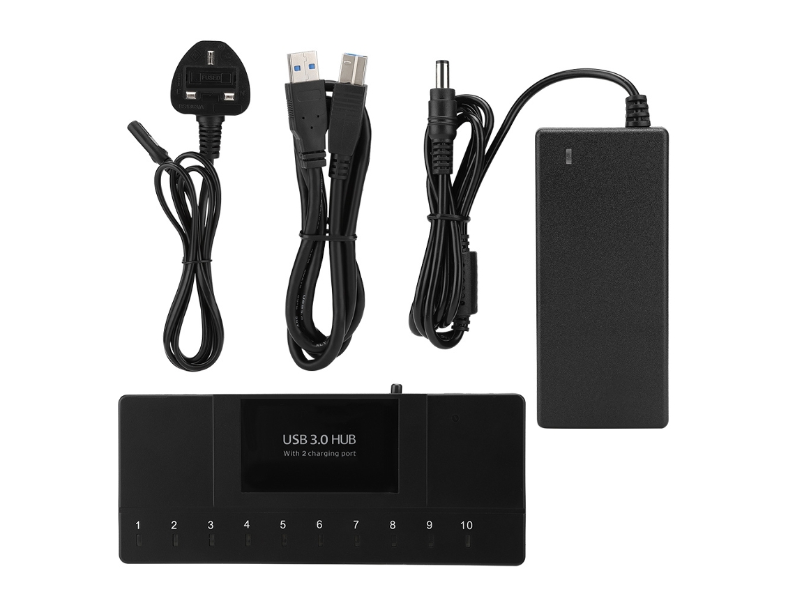Concentrador Usb 3.0 De 10 Puertos Con 2 Puertos De Carga Rápida, Indicador Led, Adaptador De Carga Portátil