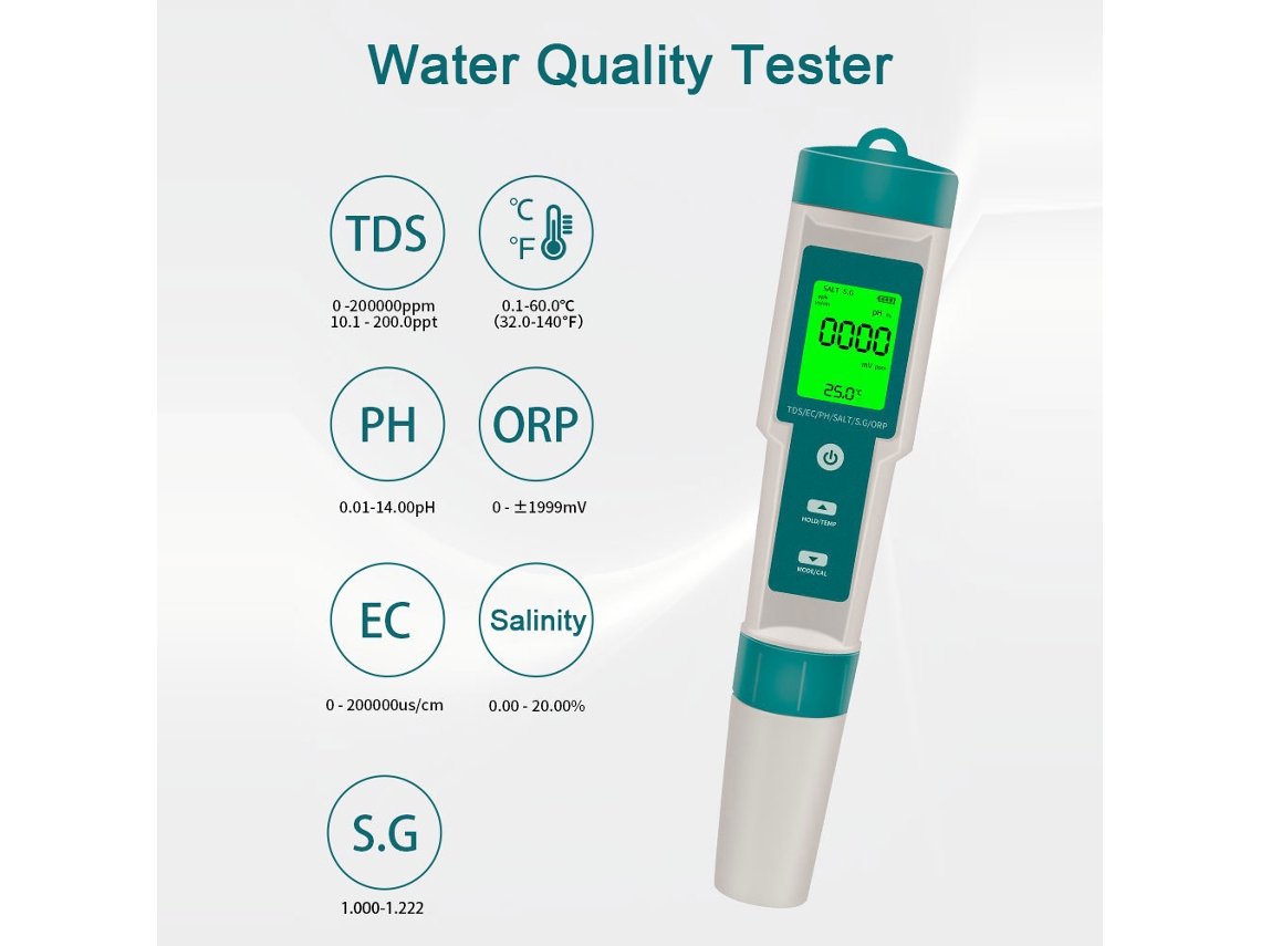 Medidor Digital Portátil De Calidad Del Agua 7 En 1 Con Ph/tds/ec/salinidad/orp/sg/temperatura