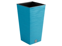 Maceta azul con depósito, 34,5 x 34,5 x 66 cm, capacidad de 24 litros.