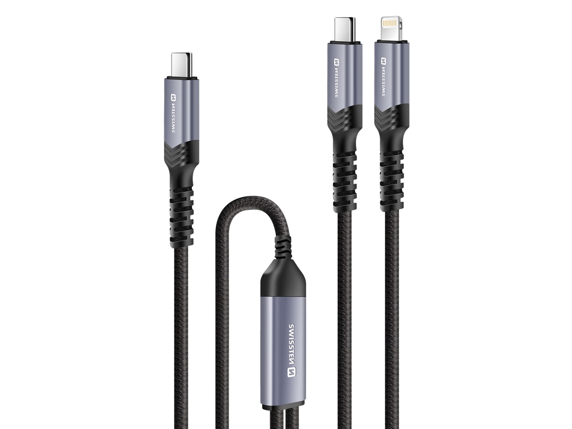 Cable de sincronización y carga 2 en 1 USB-C a USB-C y Lightning de 5 A, 100 W, 1,5 m, negro, SWISSTEN