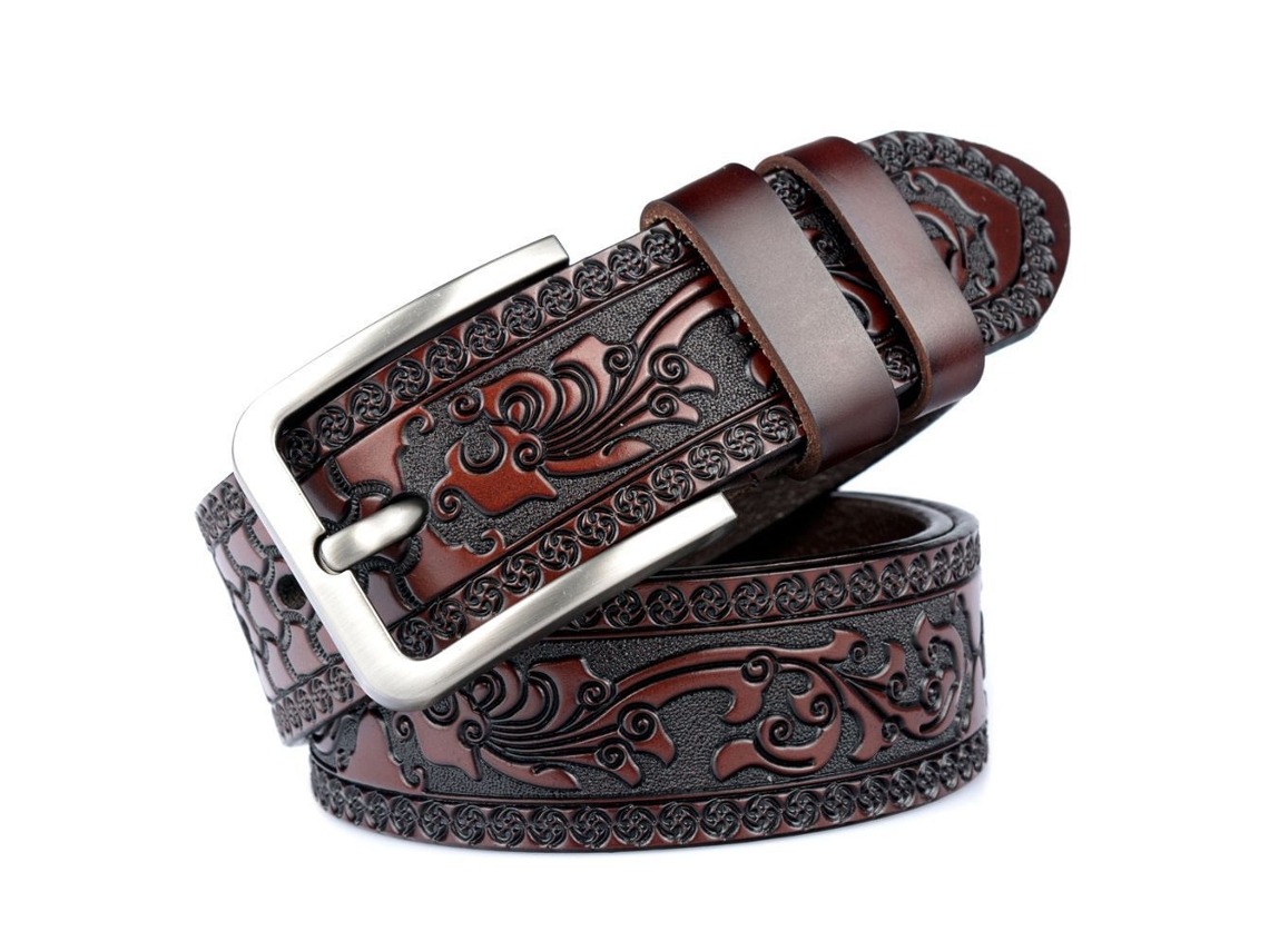 Cinturón de TPU para hombre Yuysan, hebilla de aguja con agujeros y estampado Feng, ancho 3,8 cm, largo 110 cm, color café.