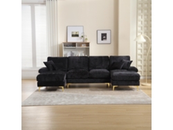 Sección U En Felpa, Doble Chaise Longue, 4 Cojines, Patas Altas Doradas, Para Salón Grande, Ideal Familia, Negro