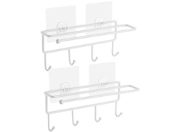 2026-45355-rack De Utensilios De Cocina Linjou, Soporte De Pared Sin Taladrar Con 4 Ganchos Y Barra, 2 Piezas Blanco