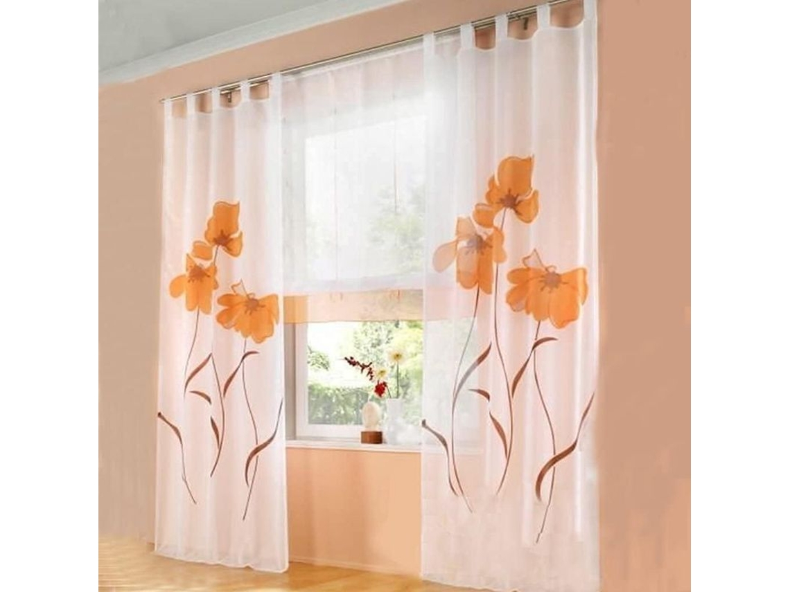 Rebe-persianas De Sala Linjou 2 Piezas Estampado Floral Mano Ancho 150cm Alto 225cm Naranja 150*225 Cm Naranja