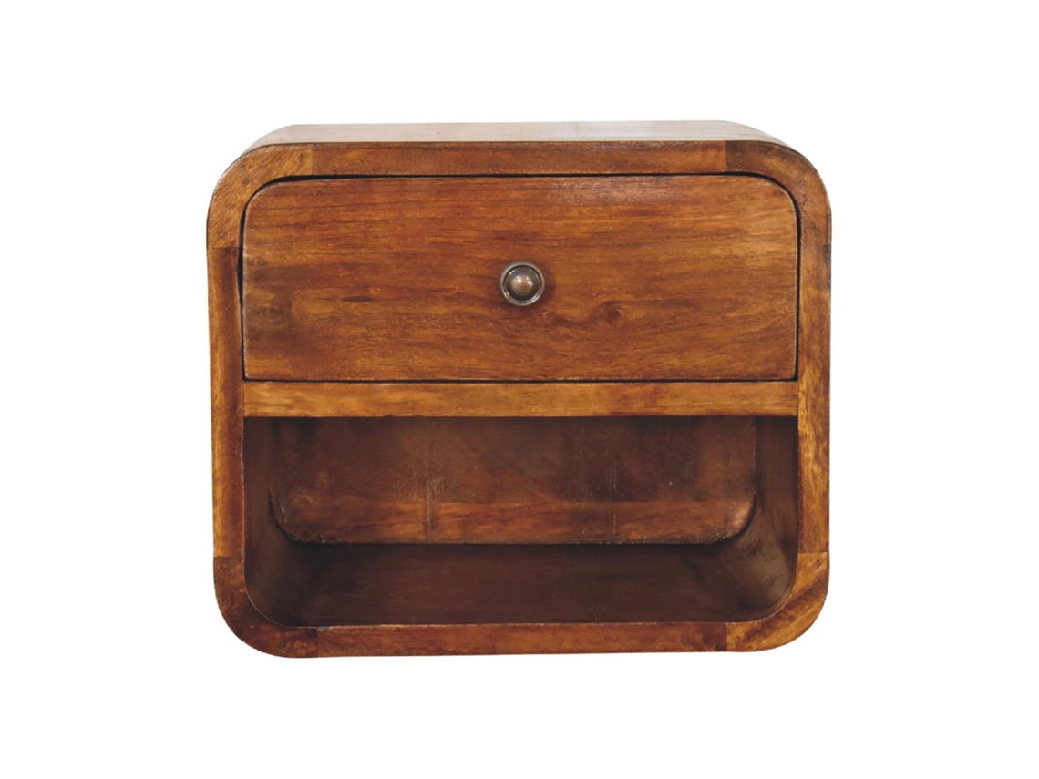 Mini mesita de noche flotante de madera maciza, 1 cajón y compartimento abierto, marrón oscuro, muebles artesanales