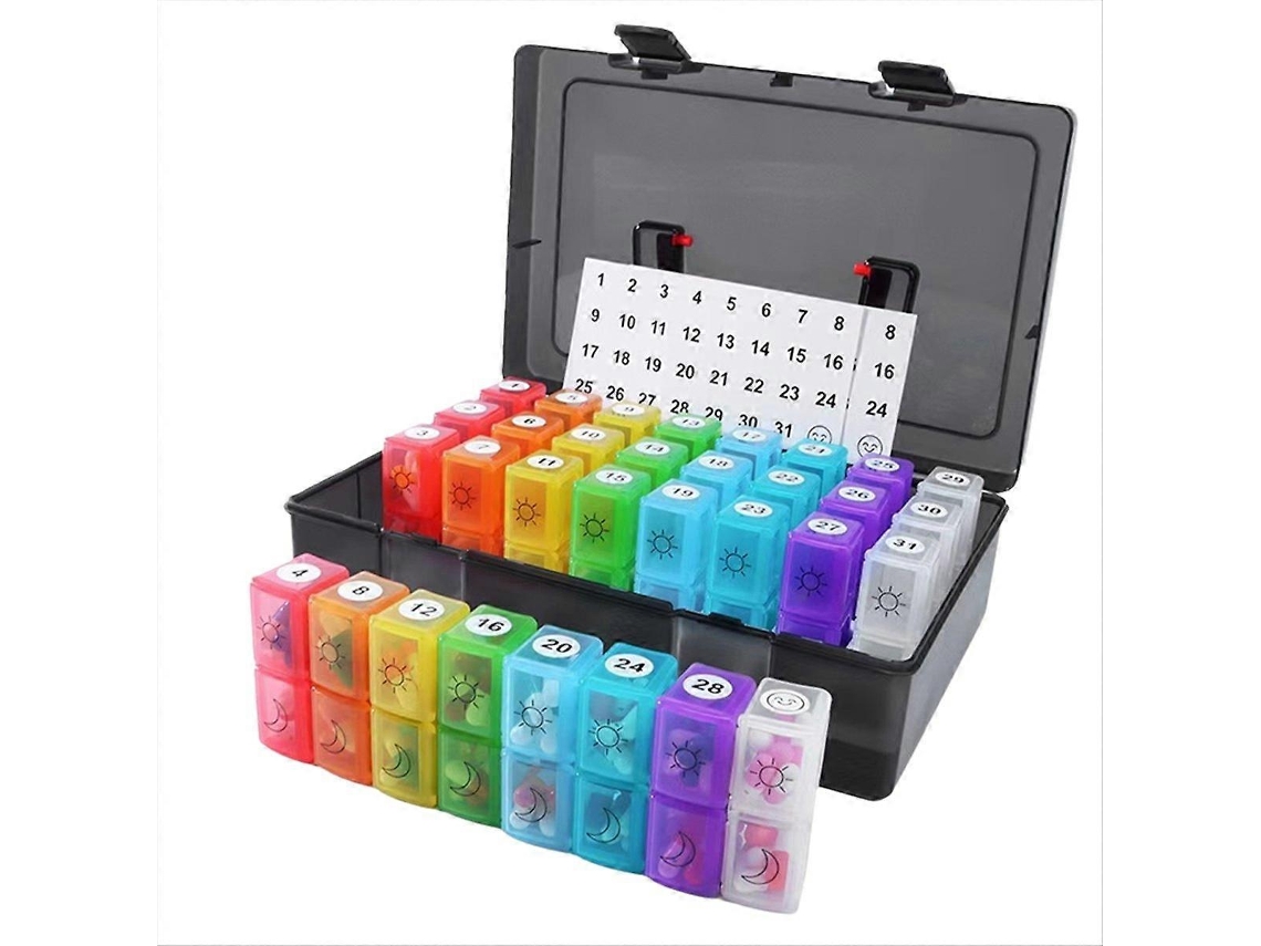 Pastillero mensual, colorido, dispensador de pastillas con 32 compartimentos, negro. Nostalgia88