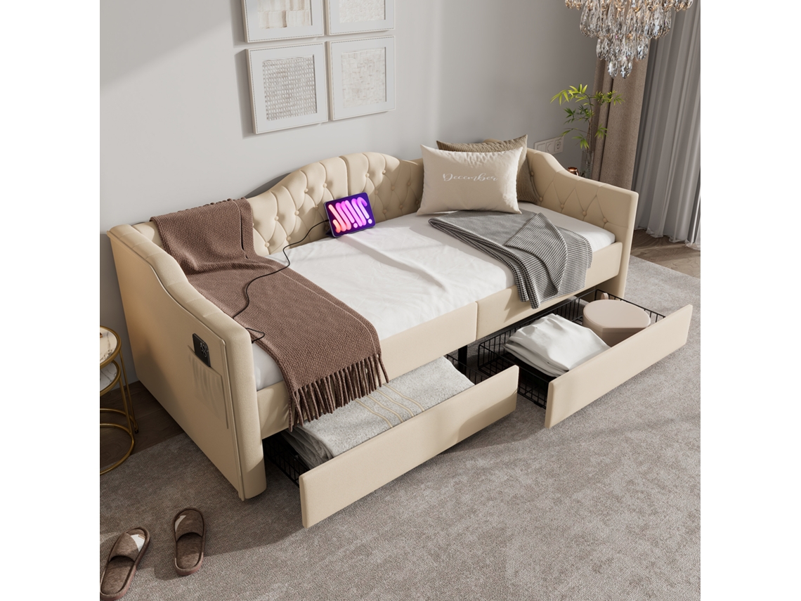 Cama con cajones 90x200 cm tapizada en terciopelo con función de relleno y somier de láminas beige (colchón no incluido)