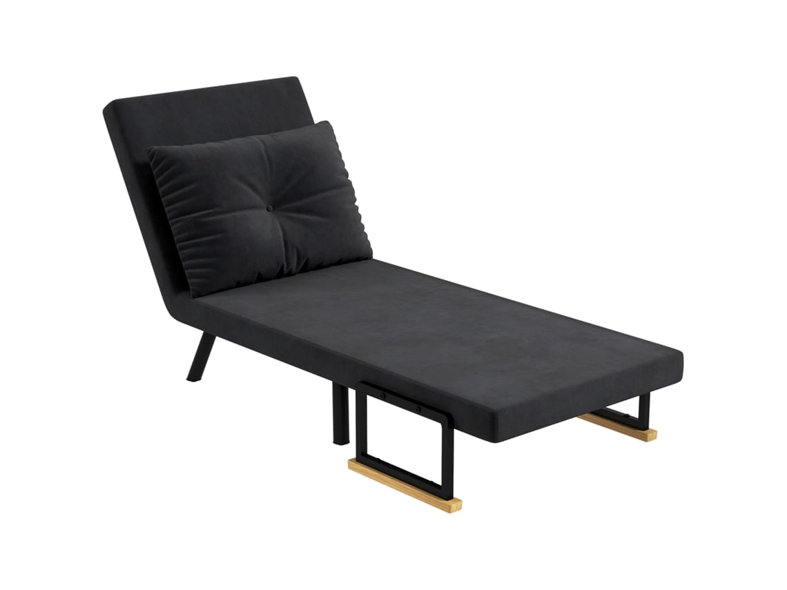 Poltrona Conversível 4 Em 1 (vira Cama De Solteiro), Encosto Ajustável Em 5 Posições, Braços Em Madeira E Almofada, Tecido Com Efeito Veludo, Preto