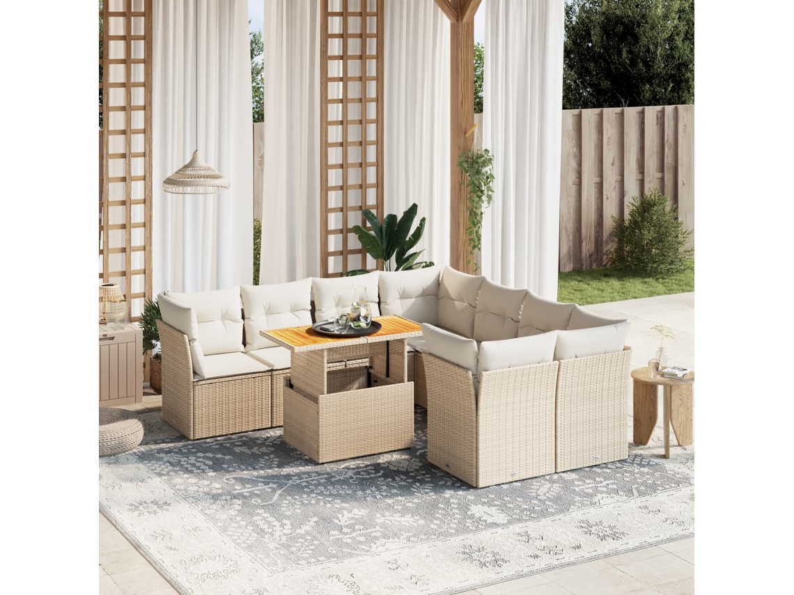 Conjunto de sofá de jardín de 9 piezas con cojines, mimbre sintético beige, Dkd Home Decor