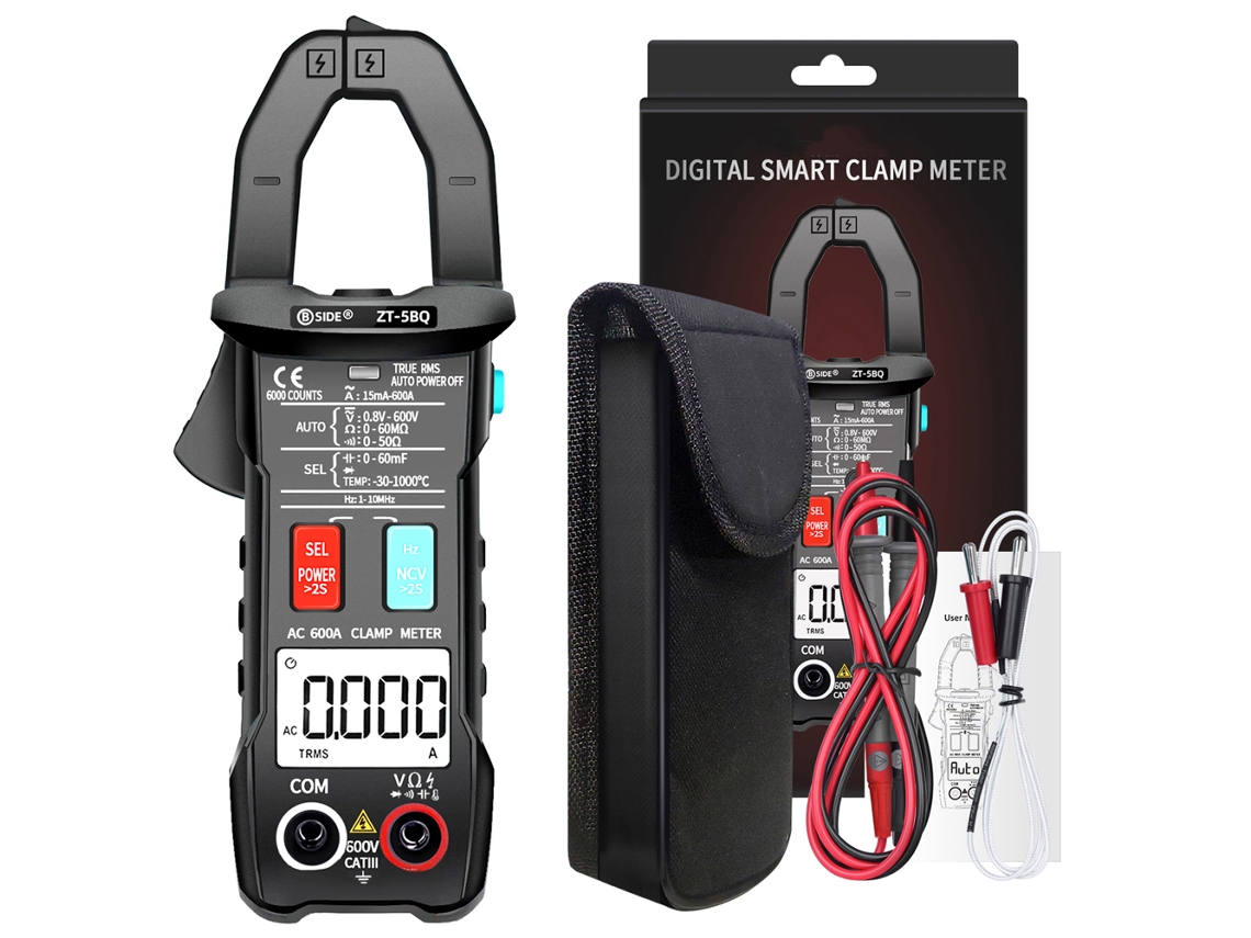 Pinza Amperimétrica Digital True Rms Bside Zt-5bq Con Bluetooth, 6000 Cuentas, Prueba Ncv.