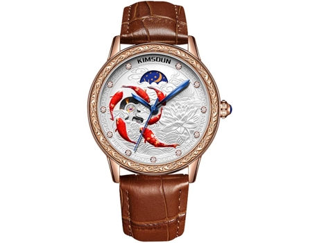 VEANXIN Reloj para Hombre Reloj de Pulsera Impermeable con Correa de Cuero Koi Tallado-oro rosa blanco