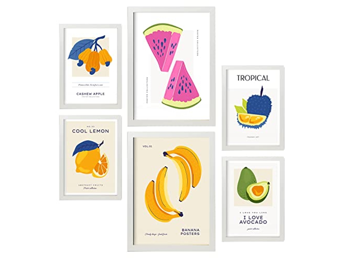 NACNIC Set De 6 Posters De Comida Y Alimentación Frutas Coloridas Láminas De Naturaleza Y Nutrición Para  Tamaños A3 & A4 Marcos Blancos