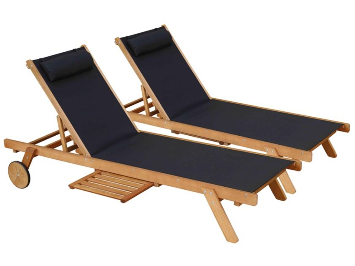 Juego de 2 Tumbonas con Almohada y Bandeja, 5 Posiciones en Madera de Eucalipto FSC®