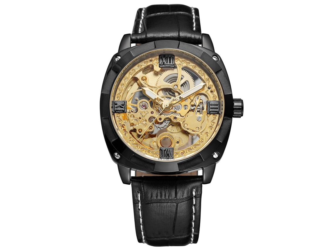 Reloj Mecánico Automático De Moda Para Hombre Con Correa De Piel Sintética, Diseño Negro Y Dorado.
