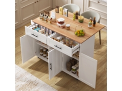 Mesa De Comedor-aparador De 129x46(71)x91,5 Cm Con Tapa Abatible, Puertas Y Estantes Interiores E Isla De Cocina Con 5 Ruedas.