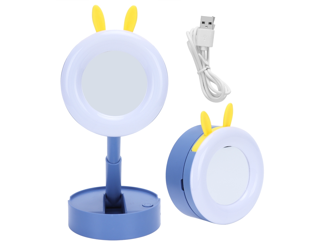 Espejo de maquillaje LED portátil 2026 para niñas, lámpara de mesa plegable azul.
