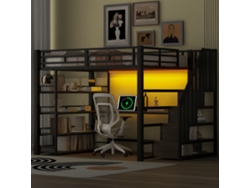 Cama alta de metal de 140 x 200 cm con escalera, escritorio, espacio de almacenamiento, USB y LED, muebles negros