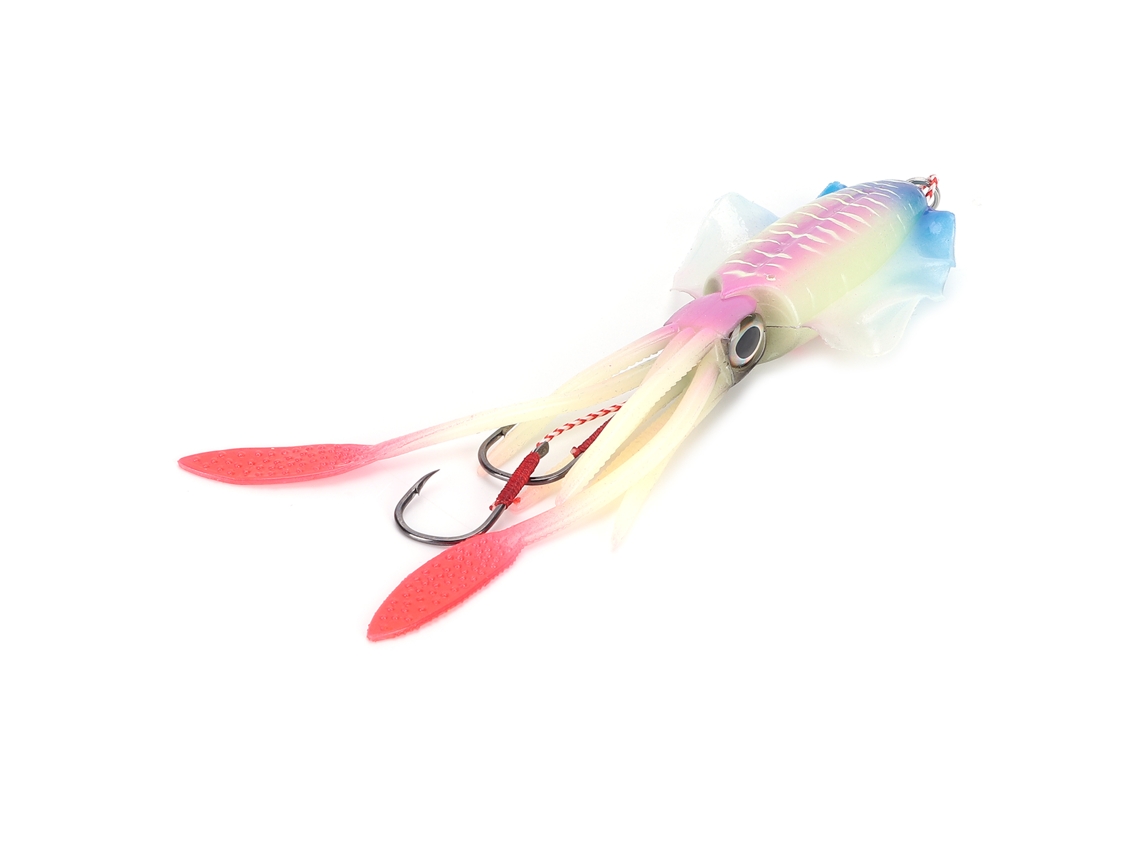 Señuelo luminoso UV para calamares con anzuelo, pulpo blando que brilla en la oscuridad, color rosa y azul (sin marca).
