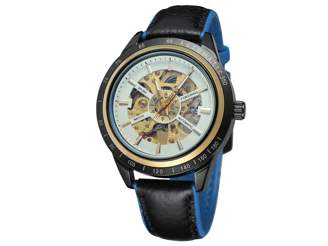 Reloj Automático Forsining Para Hombre Con Correa De Cuero Y Esfera Redonda Calada, Blanco Y Azul.