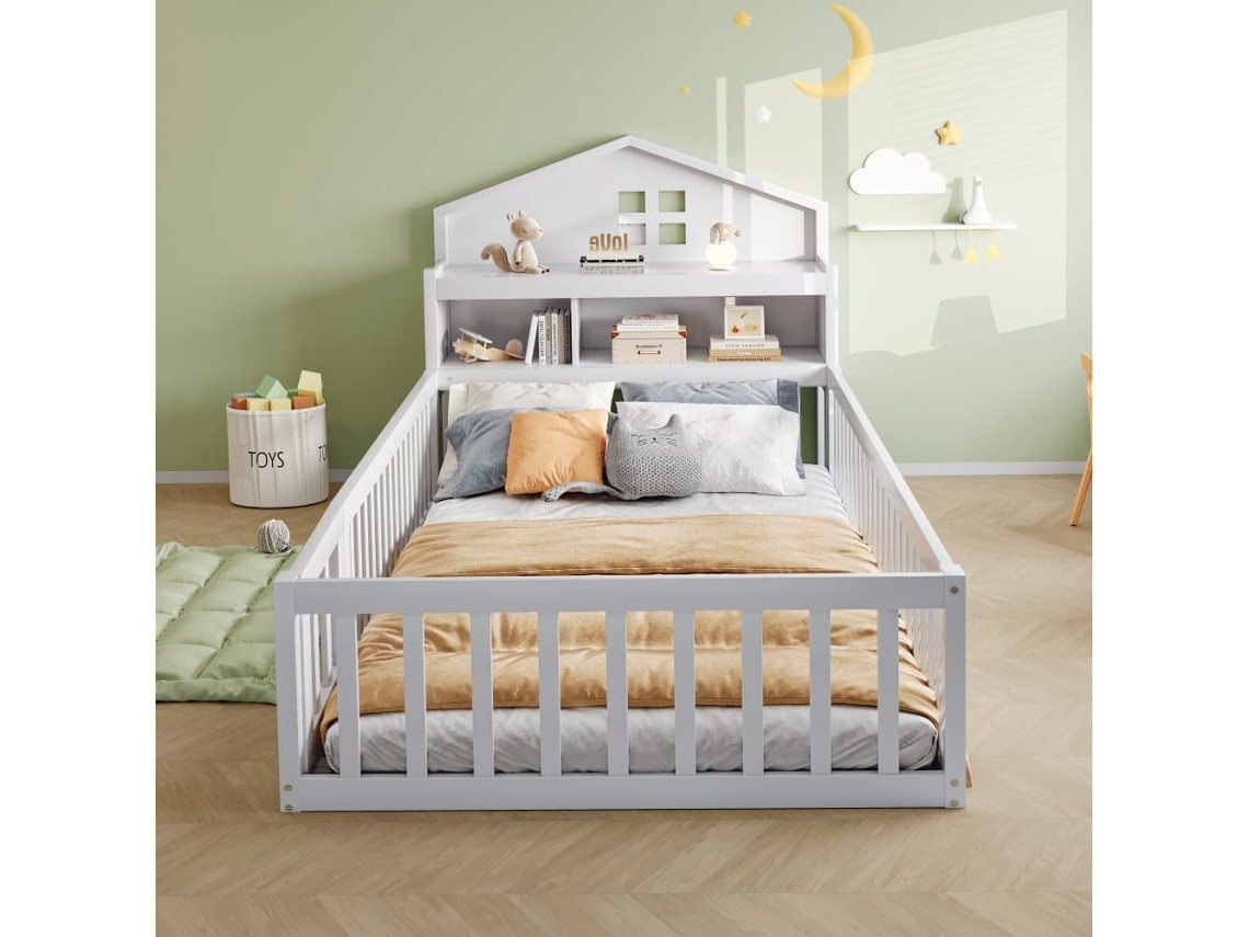 Cama Infantil 90x200 - Estructura De Madera Maciza, Barandilla, Con Estantes Y Almacenamiento, Con Rejilla Y Puerta, Blanco