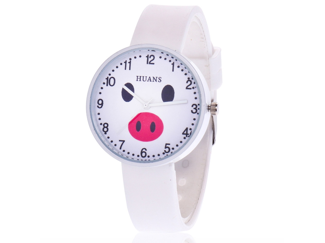 Reloj Para Niñas Con Patrón De Cerdito Lindo Correa De Silicona Movimiento De Cuarzo Blanco