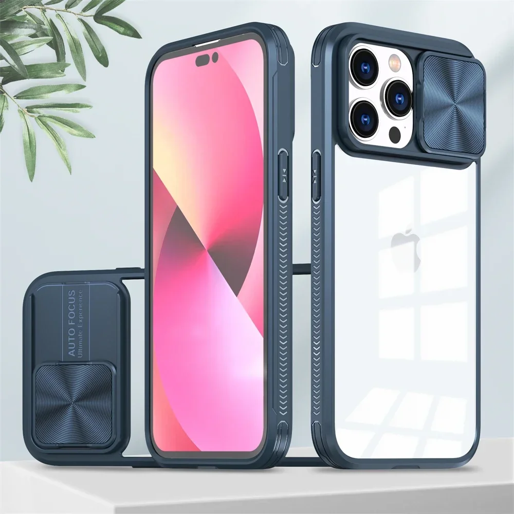 (iphone 14, Azul) Funda Protectora Transparente Deslizante Para La Cámara Del Iphone Con Marco Rígido.