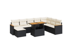 Conjunto de 9 sofás de jardín, cojines de mimbre, madera de acacia, negro, EXCLUSIVA MAISON