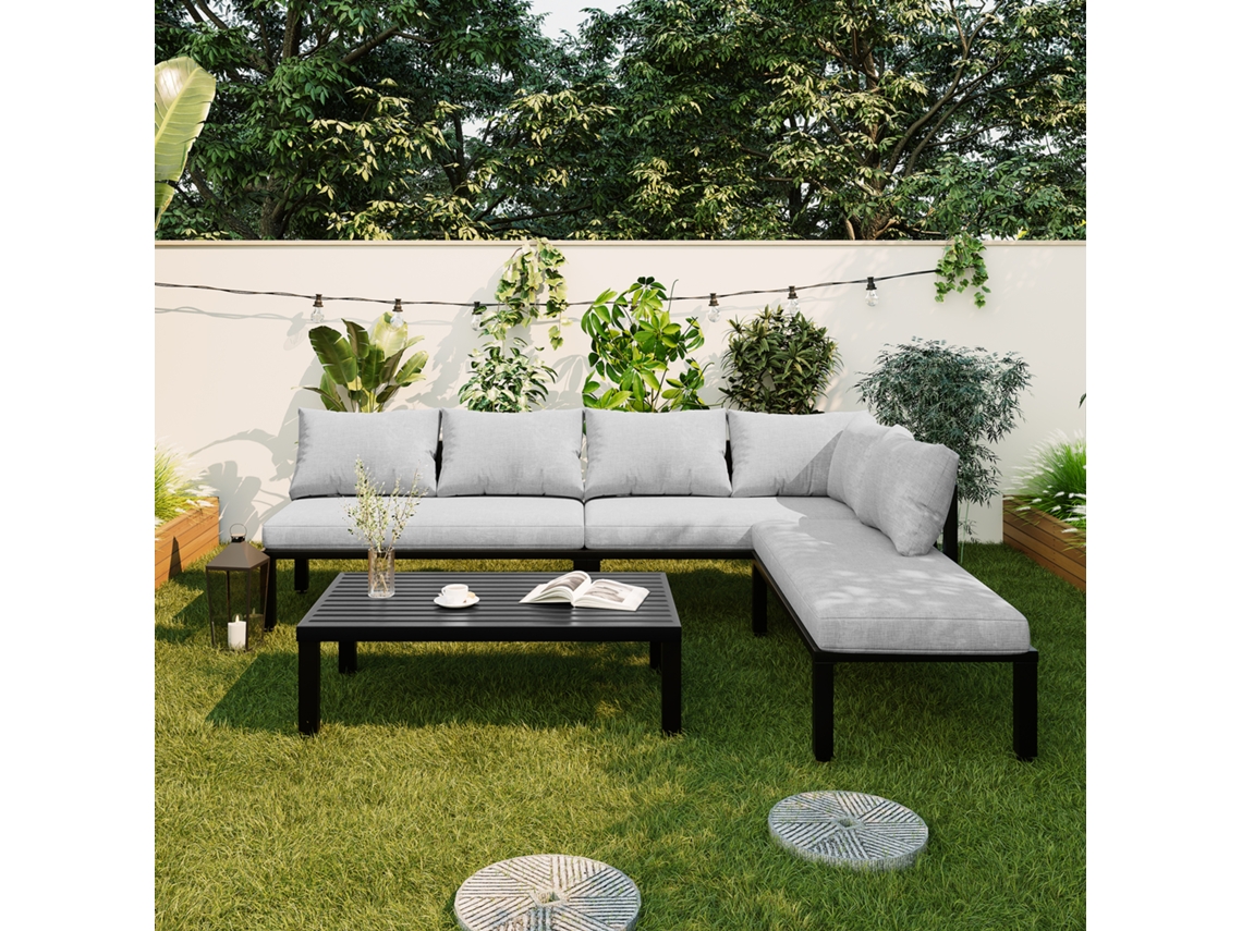 Set Comedor Exterior Jardín, Sillas Lounge 6 Asientos, Hierro Galvanizado, Patas Ajustables, Sofá Modular, Gris