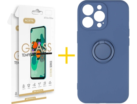 Carcasa + 2 Protectores de Vidrio iPhone 13 Pro ACCETEL Gel O-Ring Azul