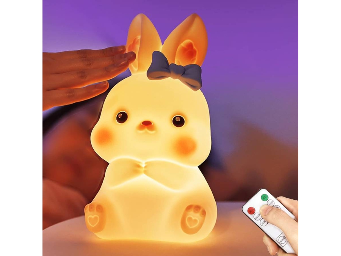 Luz de noche para niños, adorable lámpara de silicona con forma de conejito blandito y control remoto, luz de noche con animales kawaii (rosa)