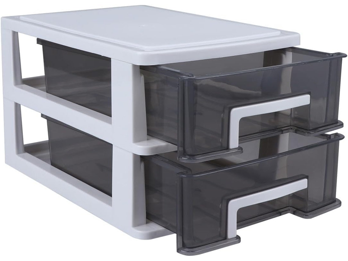 Caja De Almacenamiento Portátil Y Práctica De Dos Niveles, Fabricada En Plástico Negro Con Cajones Y Un Diseño Sencillo.