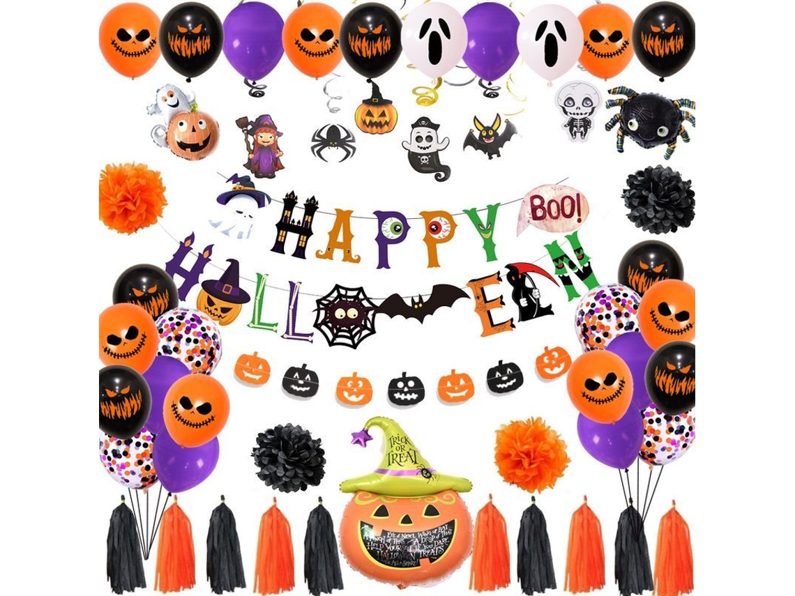 Kit De Decoración De Halloween Con 60 Piezas: Globos, Murciélagos 3d, Telaraña Y Pancarta De Feliz Halloween.