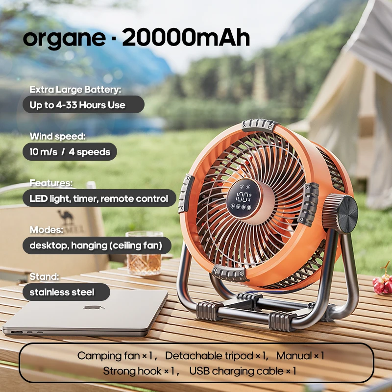 Ventilador Portátil 6 En 1 Para Exteriores (naranja) Con Cuatro Ajustes De Velocidad Del Viento, Luz Led Y Batería Externa.