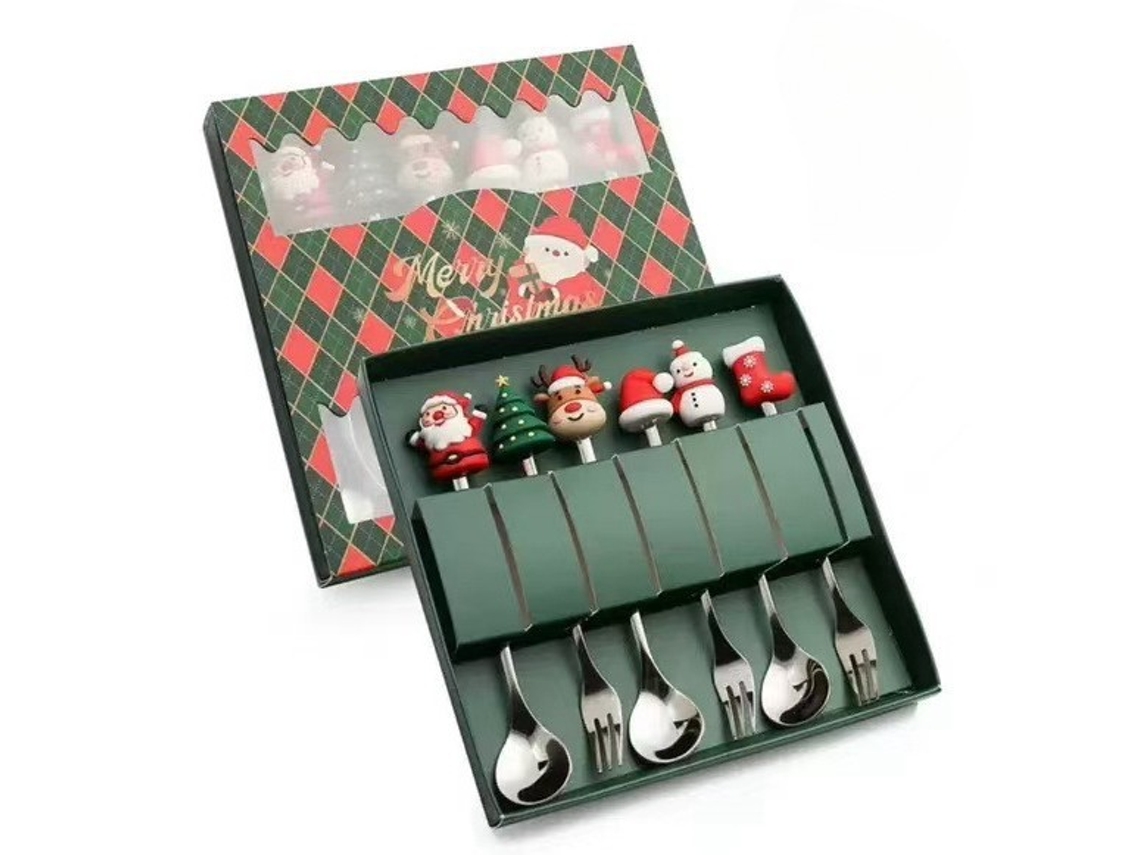 Juego de cubiertos navideños de acero inoxidable, cuchara de café, tenedor, 6 piezas, plateado (b)