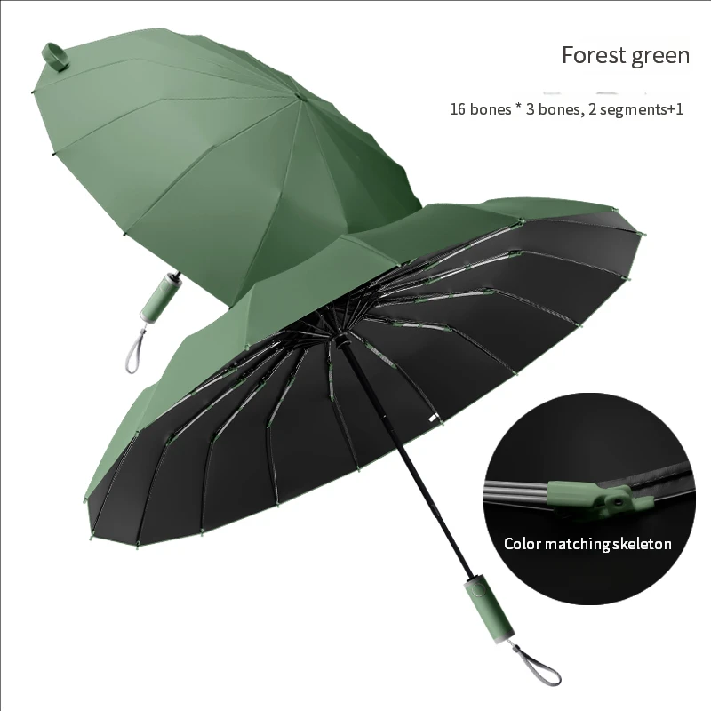 (verde Bosque 16k) Sombrilla Grande De 16 Varillas, Totalmente Automática, Con Doble Función.