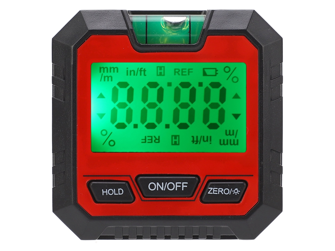 Nivel digital con burbuja horizontal y protector electrónico para medir ángulos en carpintería y reparaciones de automóviles.