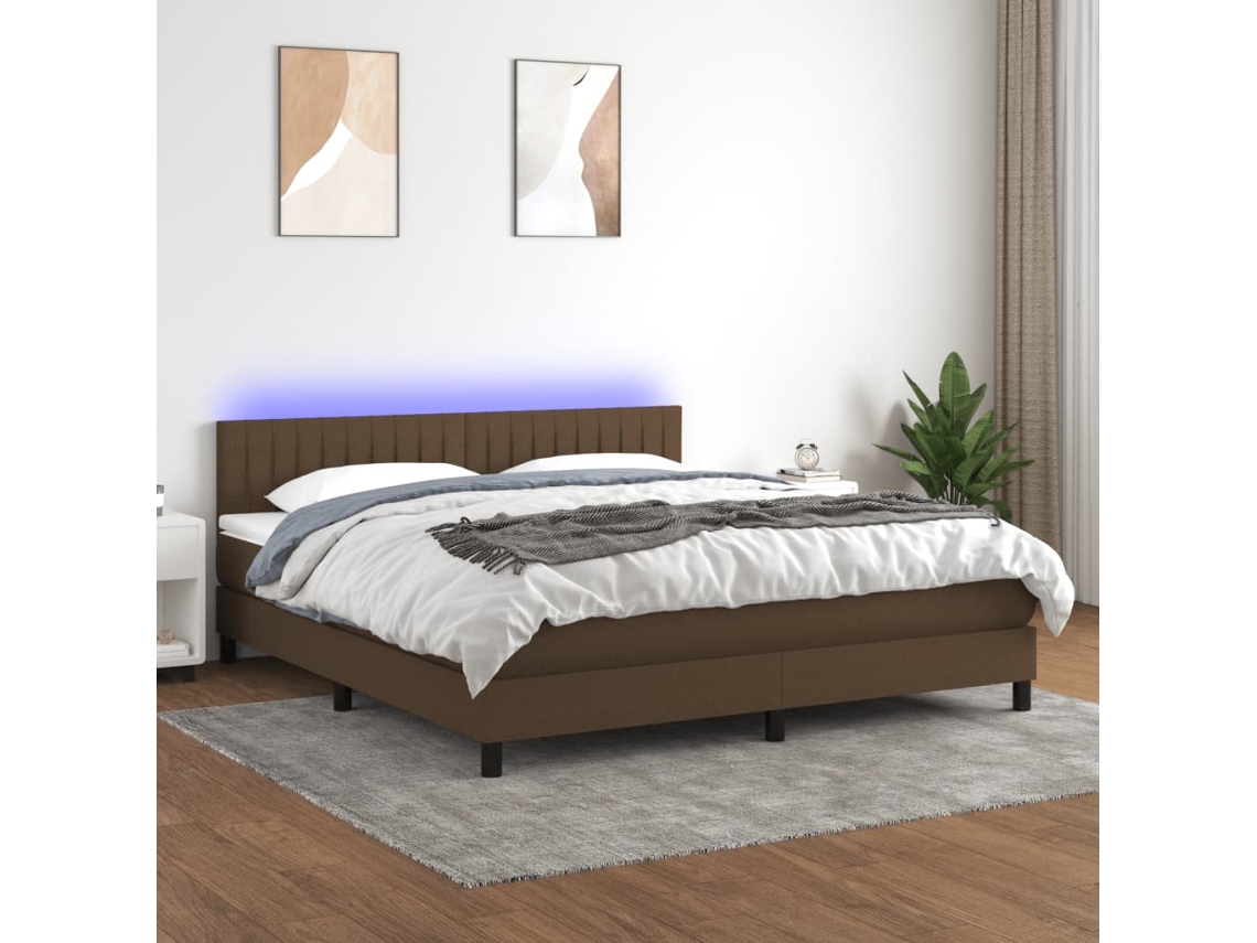 Cama Box Spring Colchón Luces Led Tela Marrón Oscuro 160x200cm