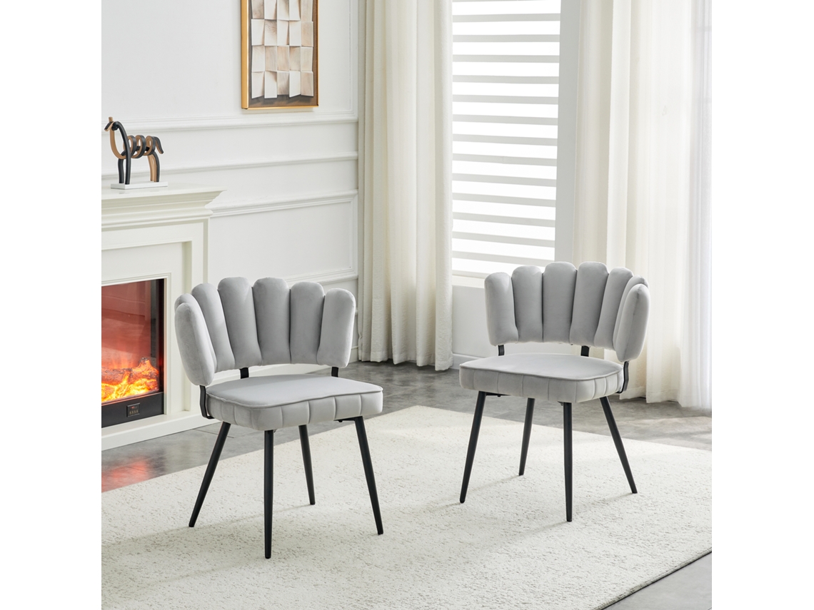 Juego De 2 Sillas De Comedor Europeas En Terciopelo Gris Claro Con Patas Negras.