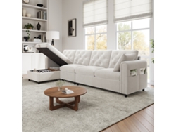 Sofá moderno de terciopelo 281x86x71 cm con almacenaje en esquina, brazos con bolsillos, beige, Mobrio