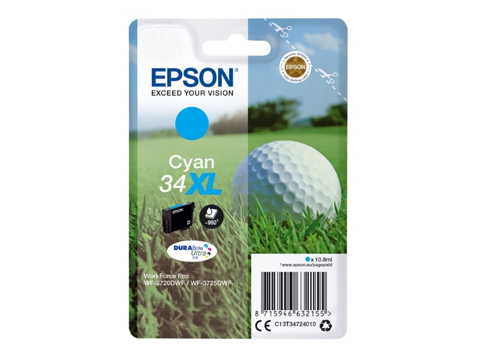 Cartucho de tinta original EPSON 34XL, Bola de golf 10,8 ml , Cian, XL, C13T34724020, T3472