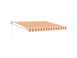 Toldo retráctil automático Vidaxl de poliéster a rayas blancas y naranjas.
