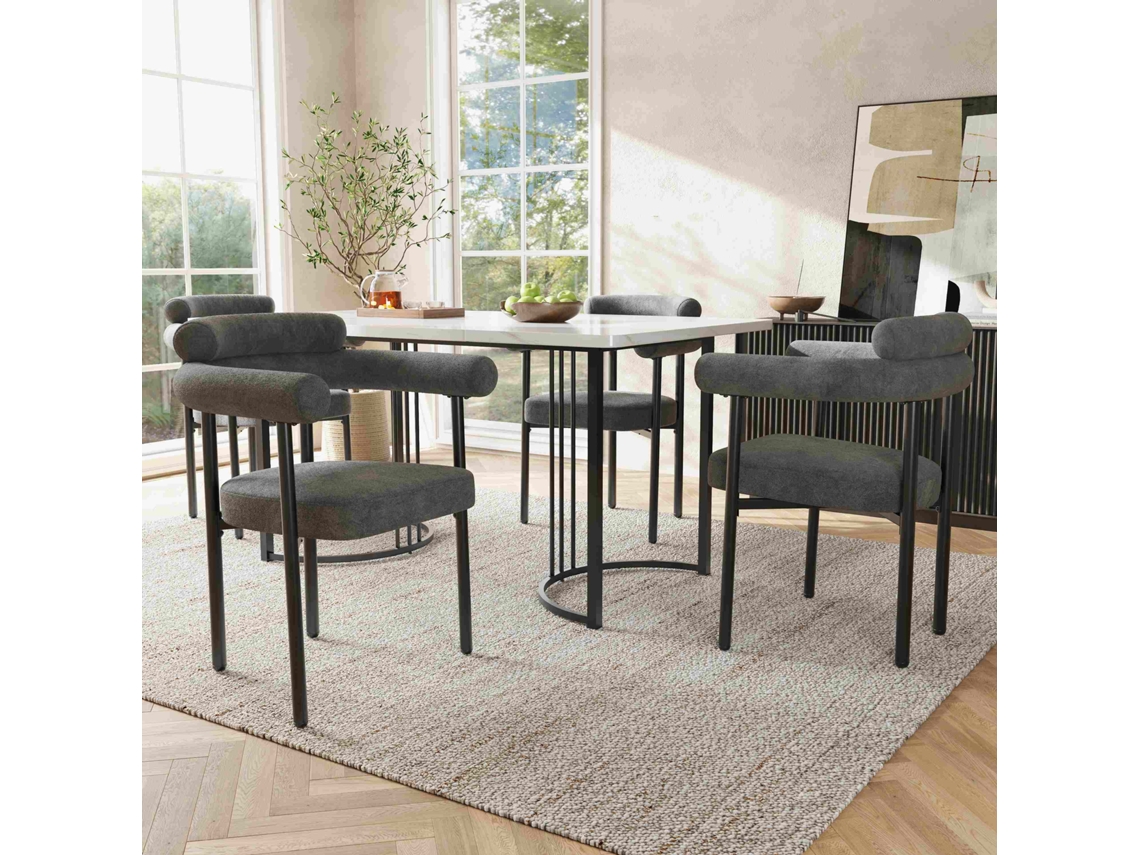Juego de mesa y sillas de comedor de 5 piezas, patas de metal de diseño, 4 sillas huecas de gamuza gris, estilo gris cómodo y elegante.
