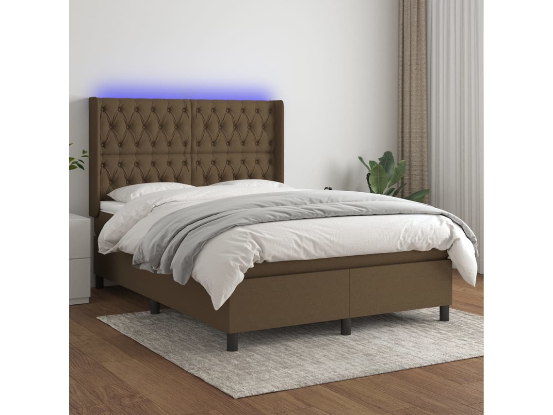 Cama Box Spring Colchón Luces Led Tela Marrón Oscuro 140x190 Cm