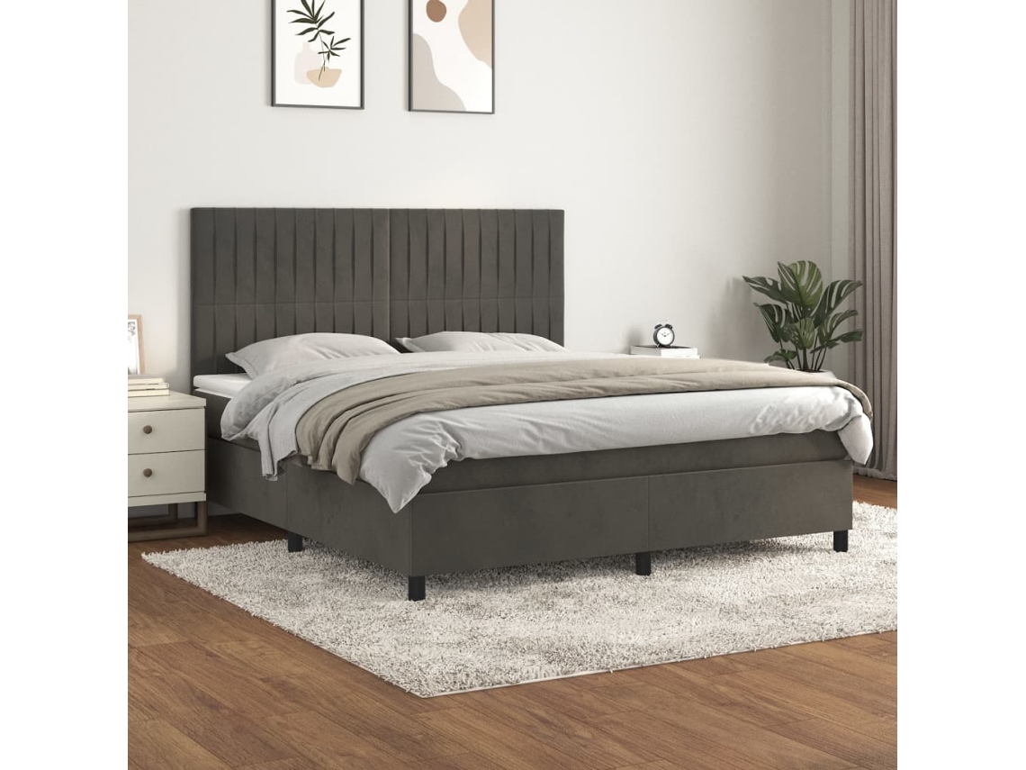 Cama Box Spring Con Colchón Terciopelo Gris Oscuro 160x200 Cm