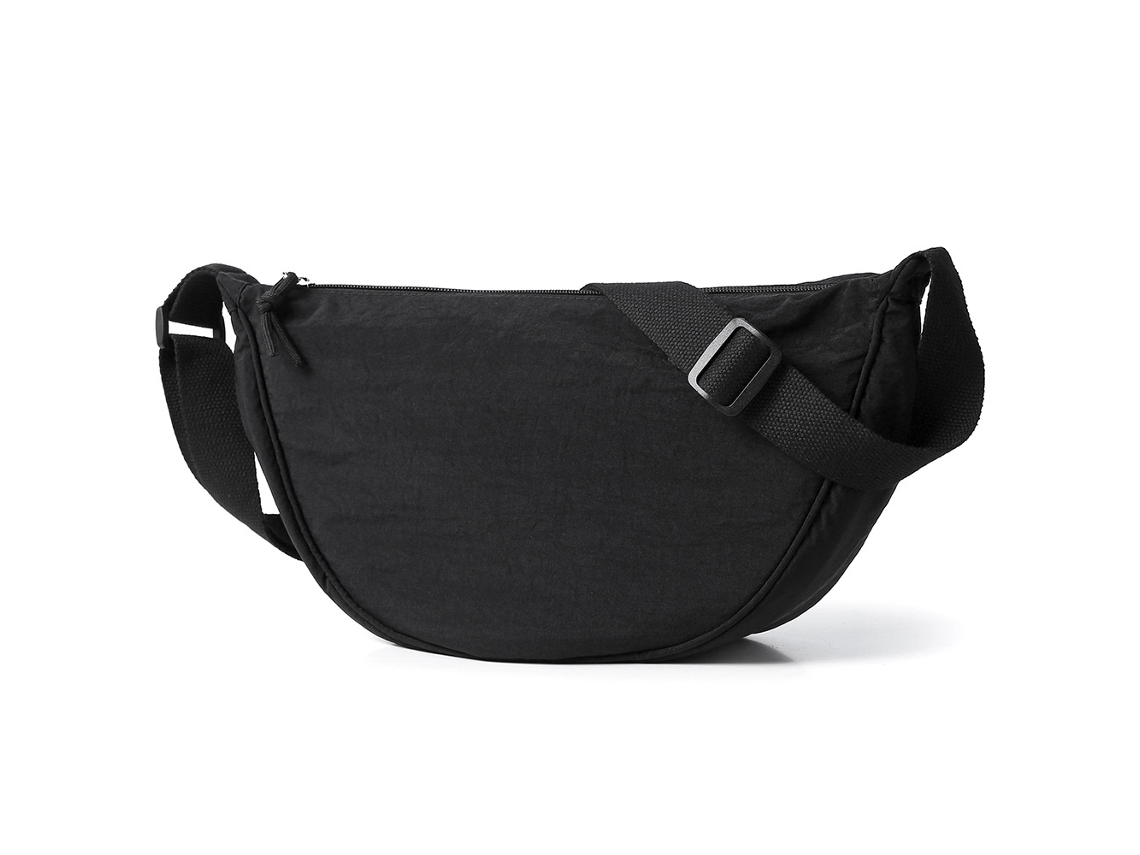 Bolso de hombro plisado (pequeño, negro) de tela lavada, sencillo y ligero, con cordón ajustable.