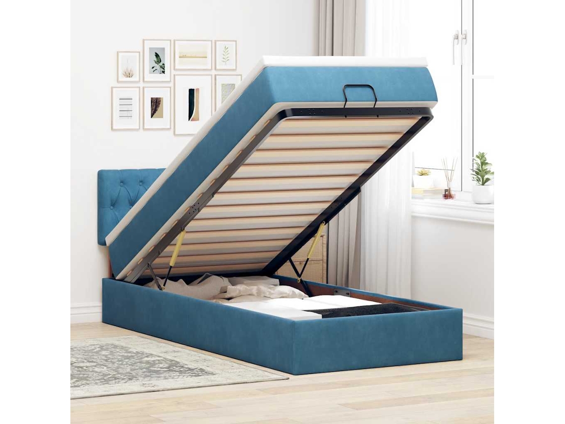 Estructura De Cama Otomana Colchón Terciopelo Azul Oscuro