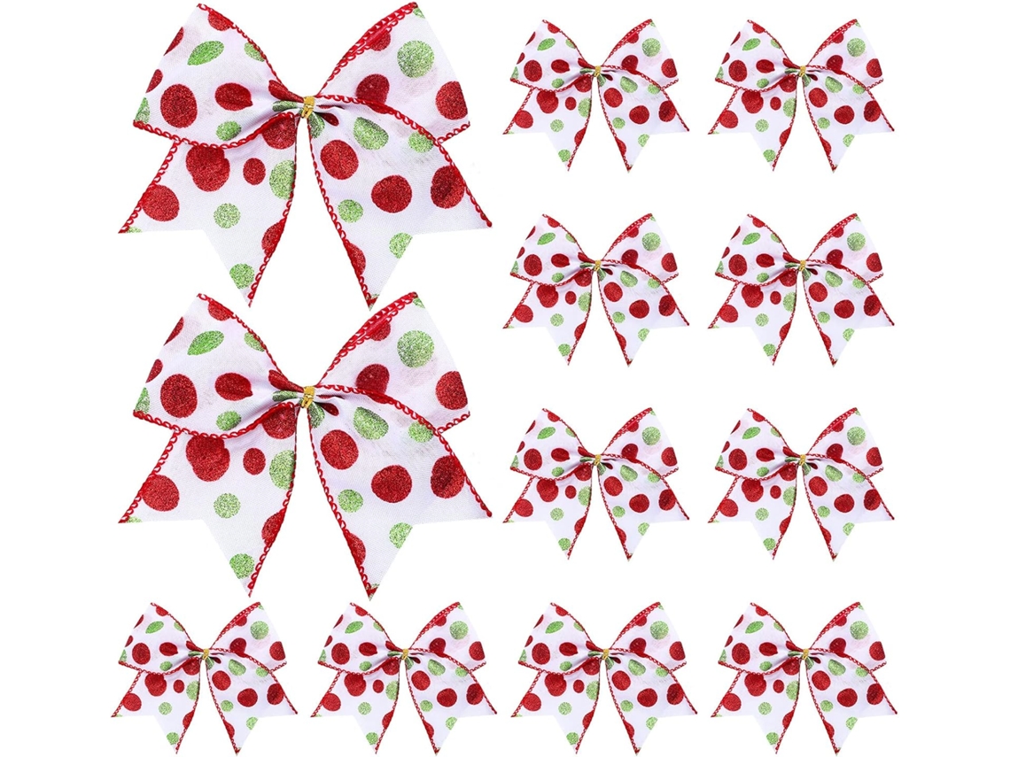 12 Lazos Navideños Verde-Rojos – Lazos con Diseño de Bolas de 15 cm para Árboles de Navidad, Guirnaldas y Decoración del Hogar