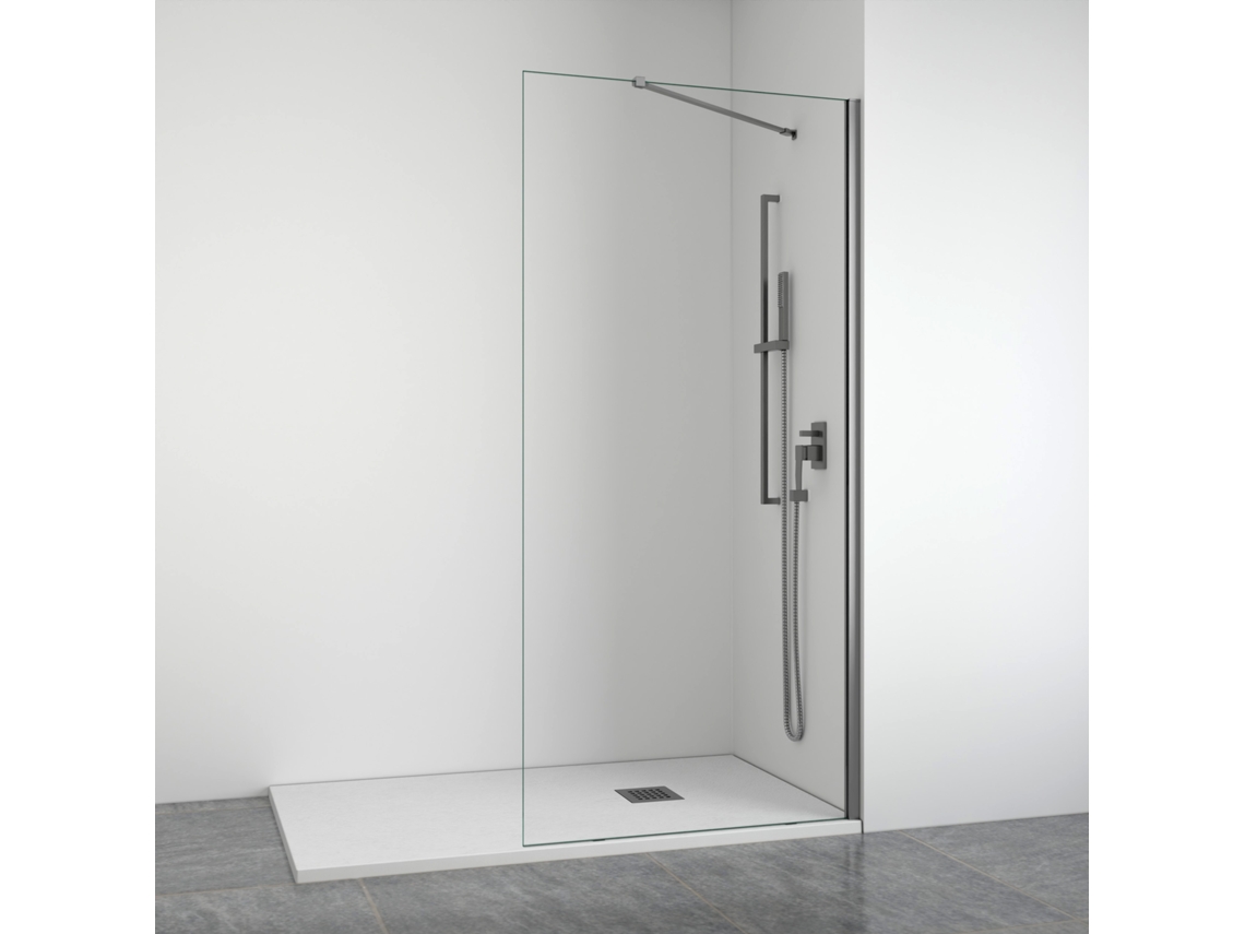 Mampara de ducha frontal con panel transparente fijo, perfiles color plomo, brazo articulado, ancho ajustable de 88 a 90 cm, altura de 195 cm, Bellobath